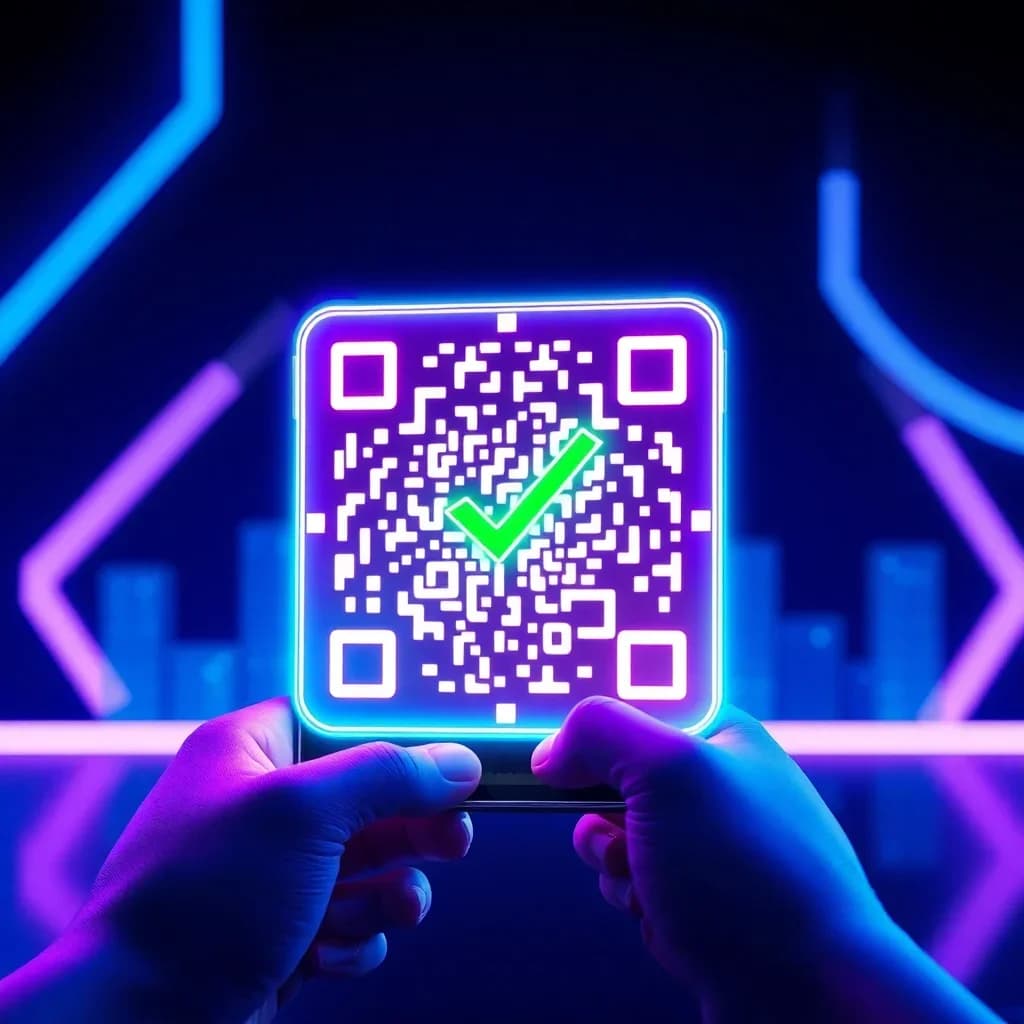 3D illustration of a scannable AI QR code with verification checkmark