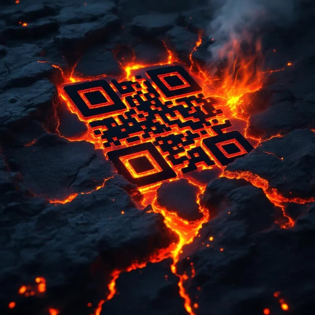 AI QR code variation - volcanic lava theme with fiery reds